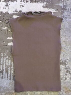 Zara Sleeveless Mock Neck Tank Top in Taupe Brown